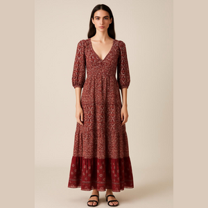 Red Casual Sundress with 3/4 Bishop Sleeves